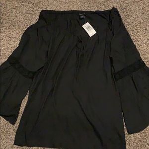 Black peasant blouse embroidered bell sleeves